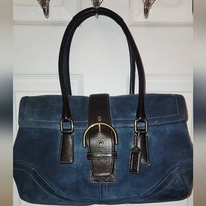 VINTAGE COACH Y2K SOHO-Hampton Satchel 9507 Blue Suede and Brown Leather EUC